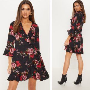 Pretty Little Thing Black Floral Print Frill Wrap Tie Tea Dress Size 10